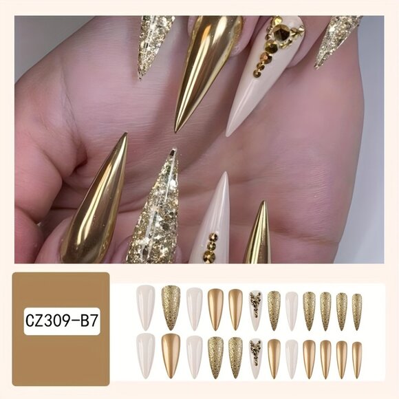 24pcs of Hot Selling Fake Nail Stickers, Champagne Golden Glitter Nail Art Nails - Picture 2 of 6
